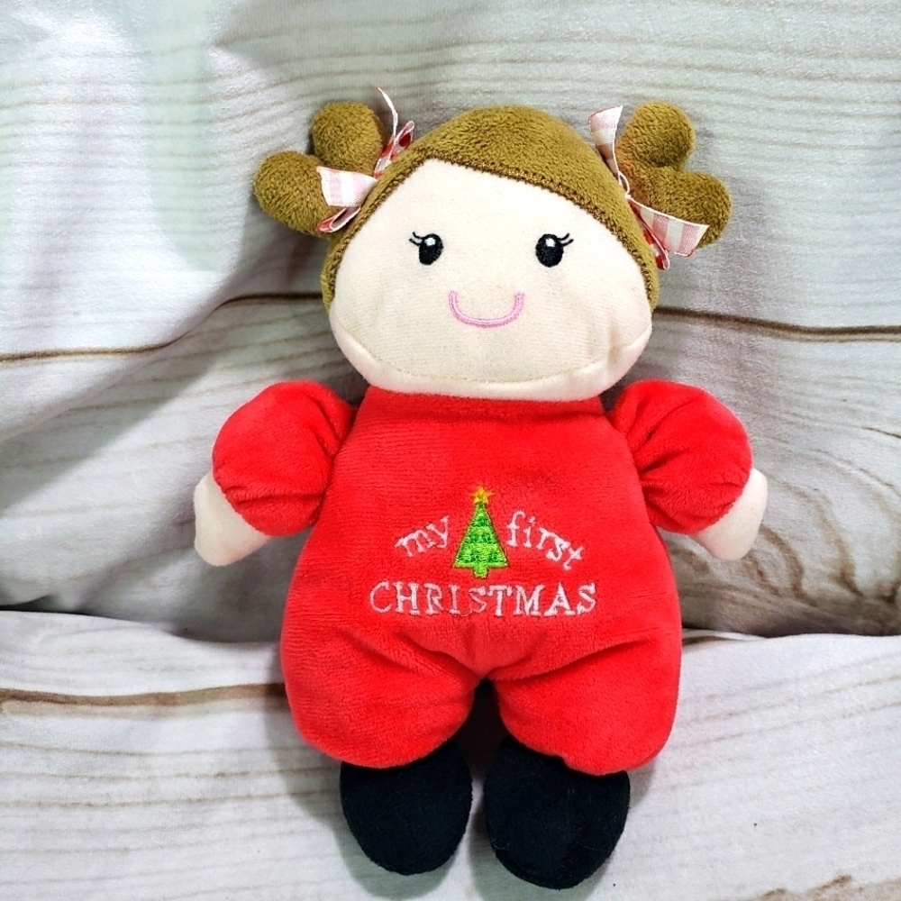 Baby Starters My First Christmas Plush Doll Rattle 9 Inch Brunette Embroidered